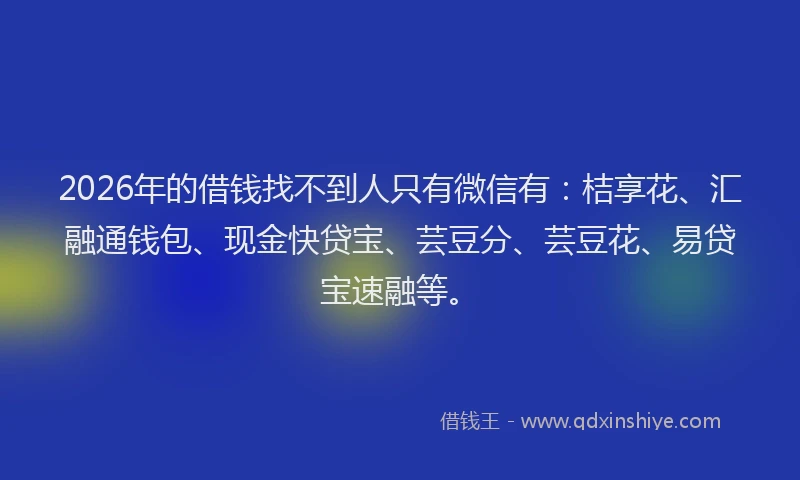 2026年的借钱找不到人只有微信有：桔享花、汇融通钱包、现金快贷宝、芸豆分、芸豆花、易贷宝速融等。