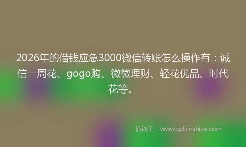 2026年的借钱应急3000微信转账怎么操作有：诚信一周花、gogo购、微微理财、轻花优品、时代花等。