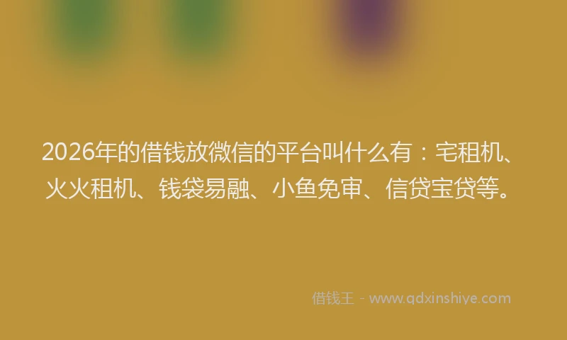 2026年的借钱放微信的平台叫什么有：宅租机、火火租机、钱袋易融、小鱼免审、信贷宝贷等。