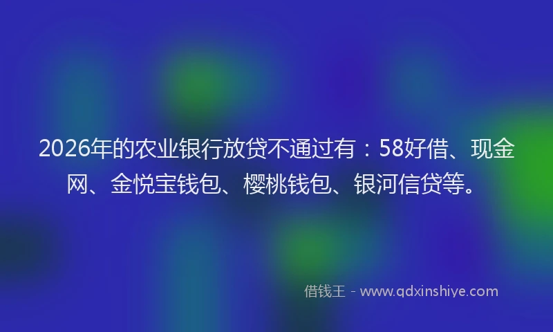 2026年的农业银行放贷不通过有:58好借、现金网、金悦宝钱包、樱桃钱包、银河信贷等。