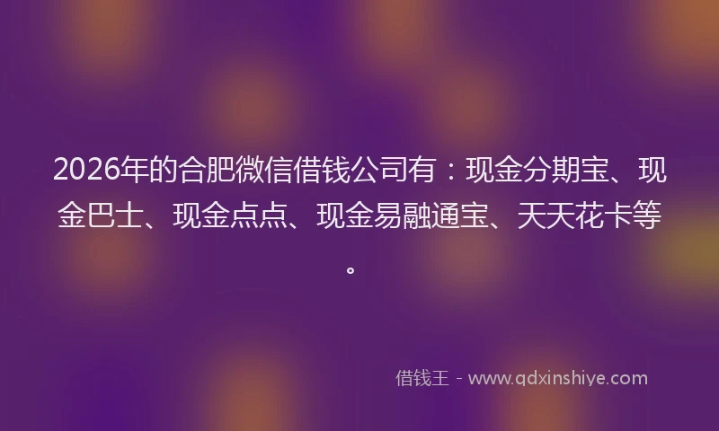 2026年的合肥微信借钱公司有:现金分期宝、现金巴士、现金点点、现金易融通宝、天天花卡等。