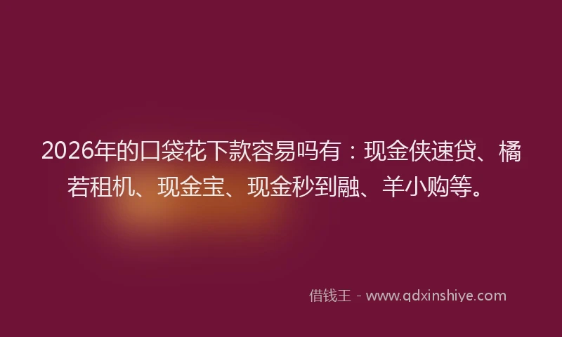 2026年的口袋花下款容易吗有:现金侠速贷、橘若租机、现金宝、现金秒到融、羊小购等。