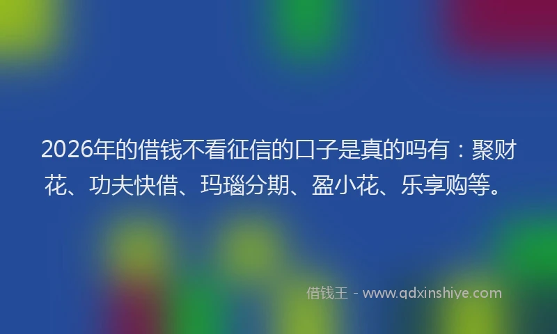 2026年的借钱不看征信的口子是真的吗有：聚财花、功夫快借、玛瑙分期、盈小花、乐享购等。
