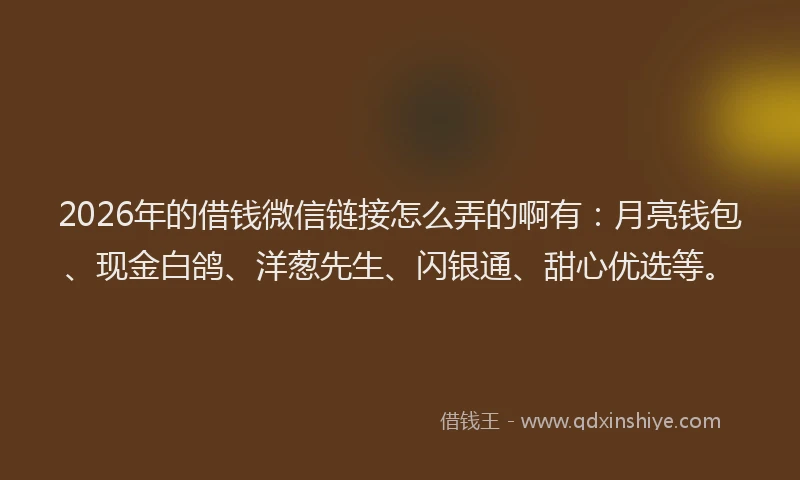 2026年的借钱微信链接怎么弄的啊有：月亮钱包、现金白鸽、洋葱先生、闪银通、甜心优选等。
