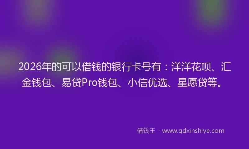 2026年的可以借钱的银行卡号有：洋洋花呗、汇金钱包、易贷Pro钱包、小信优选、星愿贷等。