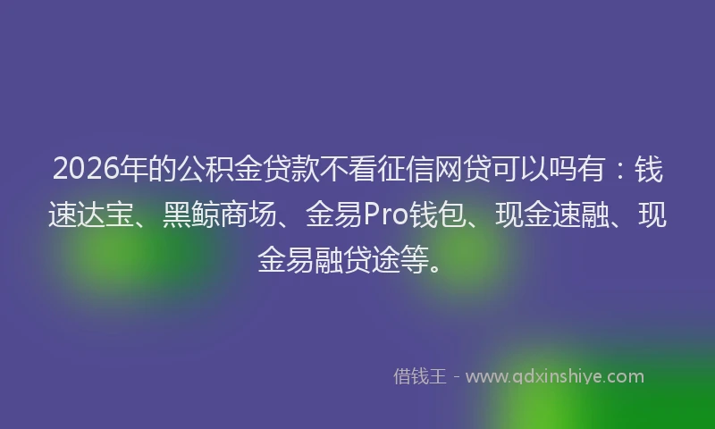 2026年的公积金贷款不看征信网贷可以吗有:钱速达宝、黑鲸商场、金易Pro钱包、现金速融、现金易融贷途等。
