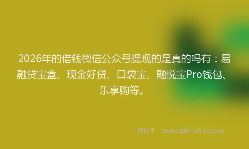 2026年的借钱微信公众号提现的是真的吗有：易融贷宝盒、现金好贷、口袋宝、融悦宝Pro钱包、乐享购等。