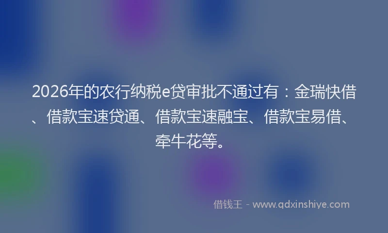 2026年的农行纳税e贷审批不通过有：金瑞快借、借款宝速贷通、借款宝速融宝、借款宝易借、牵牛花等。