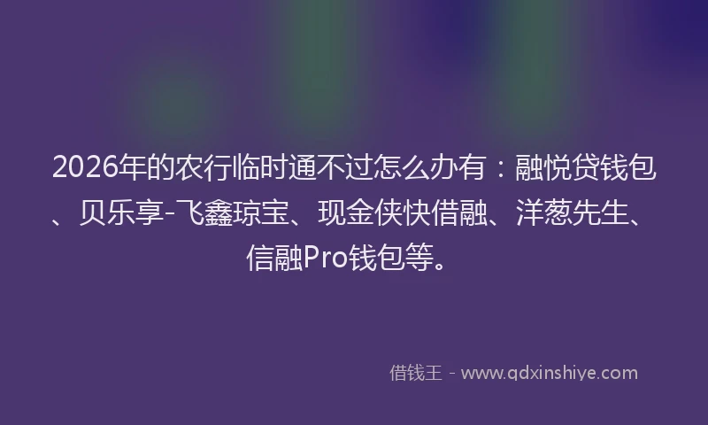 2026年的农行临时通不过怎么办有：融悦贷钱包、贝乐享-飞鑫琼宝、现金侠快借融、洋葱先生、信融Pro钱包等。