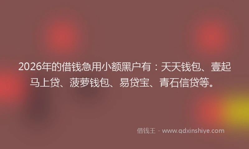 2026年的借钱急用小额黑户有：天天钱包、壹起马上贷、菠萝钱包、易贷宝、青石信贷等。