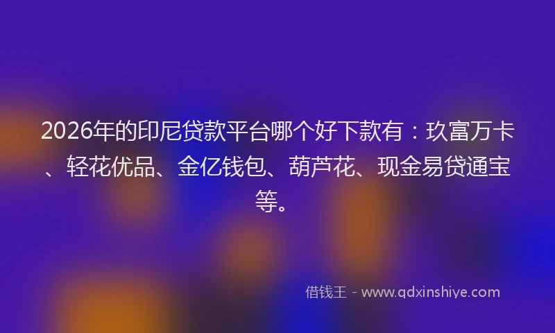2026年的印尼贷款平台哪个好下款有：玖富万卡、轻花优品、金亿钱包、葫芦花、现金易贷通宝等。