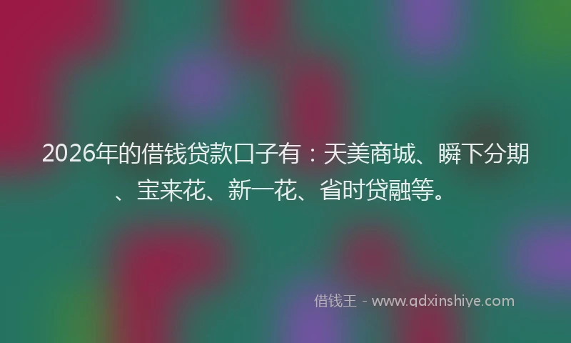 2026年的借钱贷款口子有：天美商城、瞬下分期、宝来花、新一花、省时贷融等。