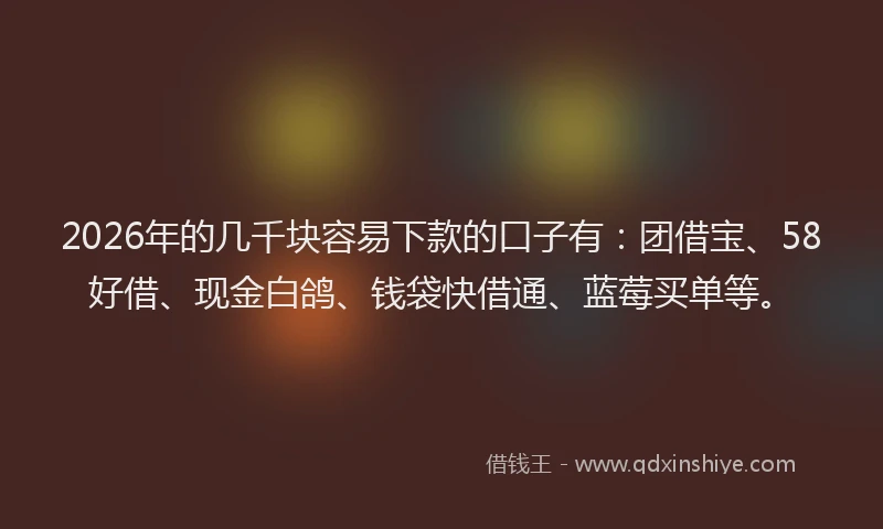 2026年的几千块容易下款的口子有：团借宝、58好借、现金白鸽、钱袋快借通、蓝莓买单等。