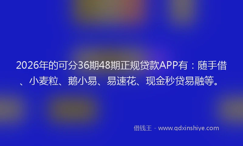 2026年的可分36期48期正规贷款APP有:随手借、小麦粒、鹅小易、易速花、现金秒贷易融等。