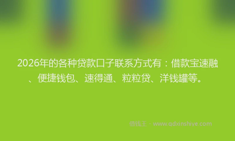 2026年的各种贷款口子联系方式有：借款宝速融、便捷钱包、速得通、粒粒贷、洋钱罐等。