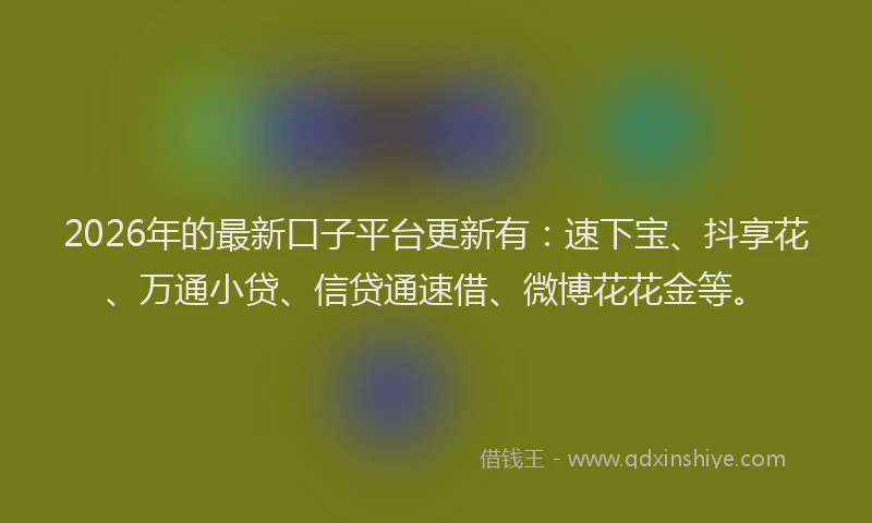 2026年的最新口子平台更新有：速下宝、抖享花、万通小贷、信贷通速借、微博花花金等。