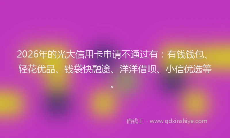 2026年的光大信用卡申请不通过有：有钱钱包、轻花优品、钱袋快融途、洋洋借呗、小信优选等。