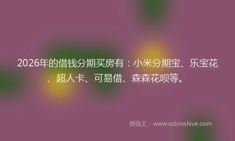 2026年的借钱分期买房有:小米分期宝、乐宝花、超人卡、可易借、森森花呗等。
