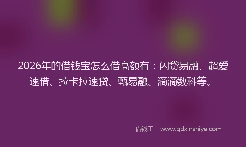 2026年的借钱宝怎么借高额有：闪贷易融、超爱速借、拉卡拉速贷、甄易融、滴滴数科等。