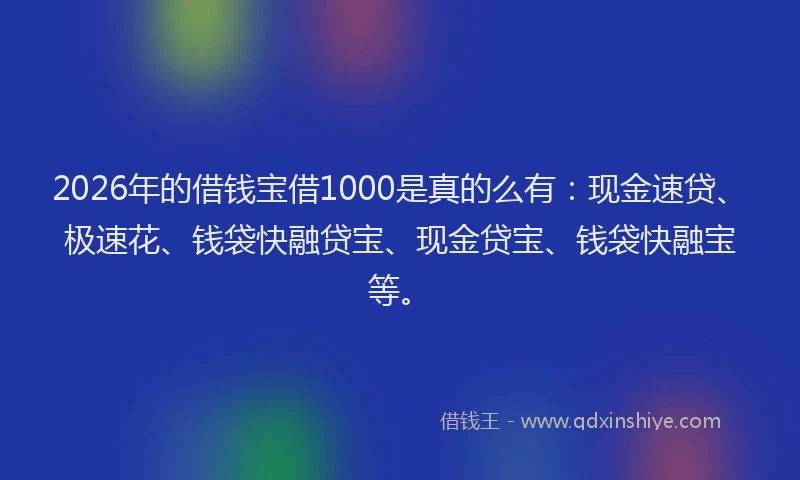 2026年的借钱宝借1000是真的么有：现金速贷、极速花、钱袋快融贷宝、现金贷宝、钱袋快融宝等。