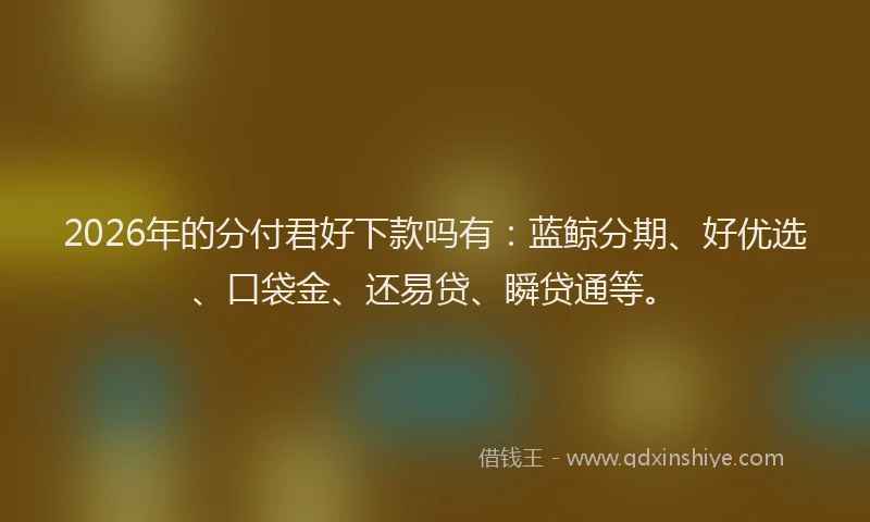 2026年的分付君好下款吗有:蓝鲸分期、好优选、口袋金、还易贷、瞬贷通等。