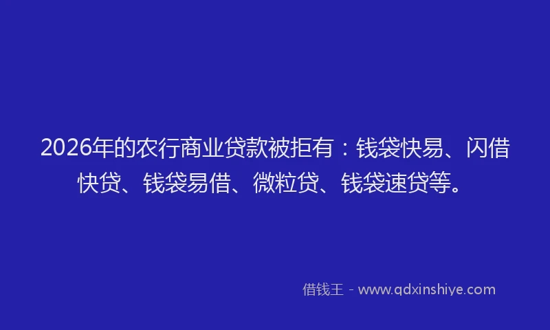 2026年的农行商业贷款被拒有：钱袋快易、闪借快贷、钱袋易借、微粒贷、钱袋速贷等。