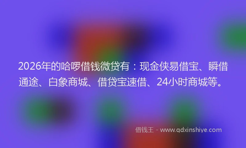 2026年的哈啰借钱微贷有:现金侠易借宝、瞬借通途、白象商城、借贷宝速借、24小时商城等。