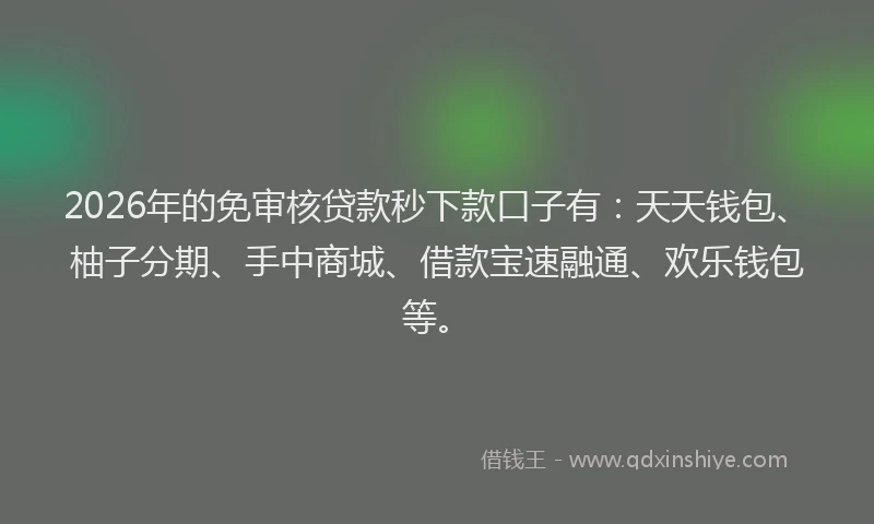 2026年的免审核贷款秒下款口子有：天天钱包、柚子分期、手中商城、借款宝速融通、欢乐钱包等。