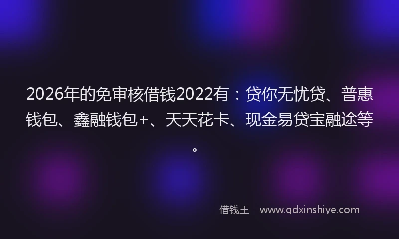 2026年的免审核借钱2022有：贷你无忧贷、普惠钱包、鑫融钱包+、天天花卡、现金易贷宝融途等。