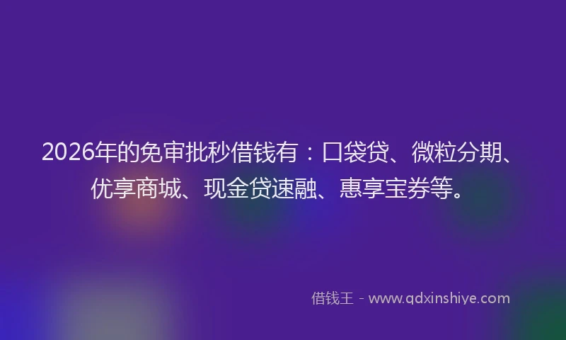 2026年的免审批秒借钱有：口袋贷、微粒分期、优享商城、现金贷速融、惠享宝券等。
