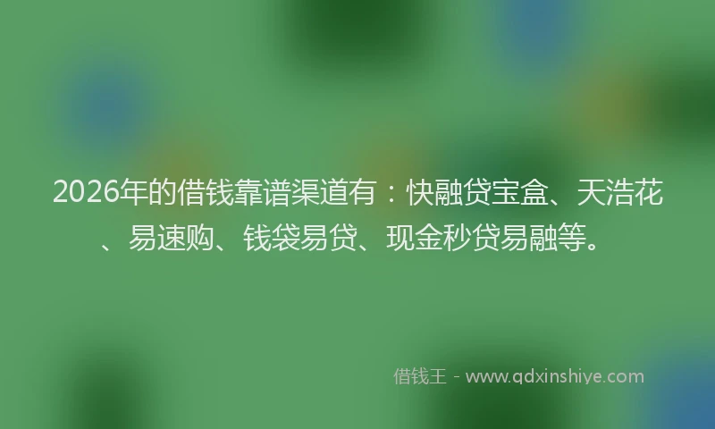 2026年的借钱靠谱渠道有：快融贷宝盒、天浩花、易速购、钱袋易贷、现金秒贷易融等。