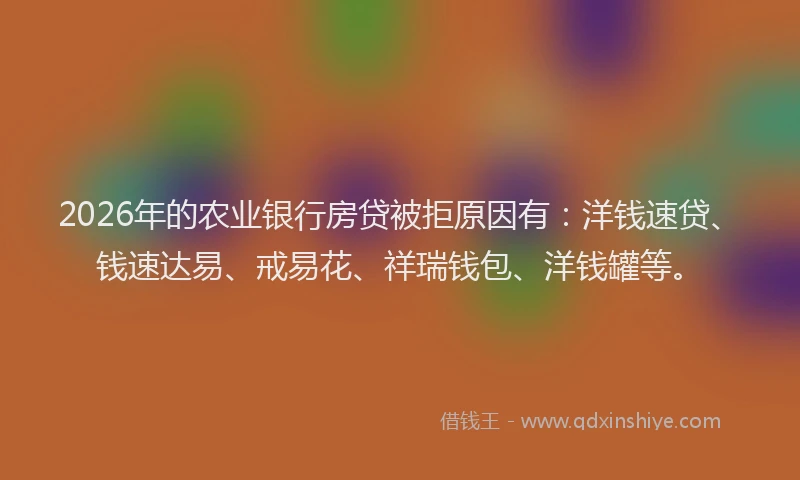 2026年的农业银行房贷被拒原因有：洋钱速贷、钱速达易、戒易花、祥瑞钱包、洋钱罐等。