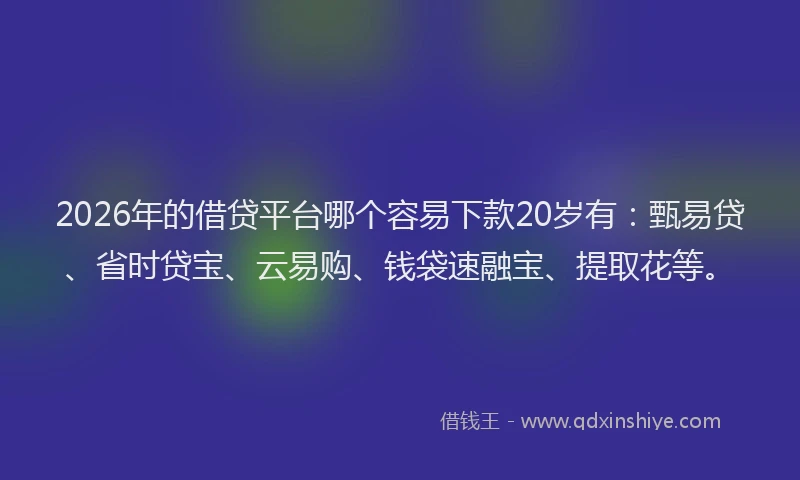 2026年的借贷平台哪个容易下款20岁有：甄易贷、省时贷宝、云易购、钱袋速融宝、提取花等。