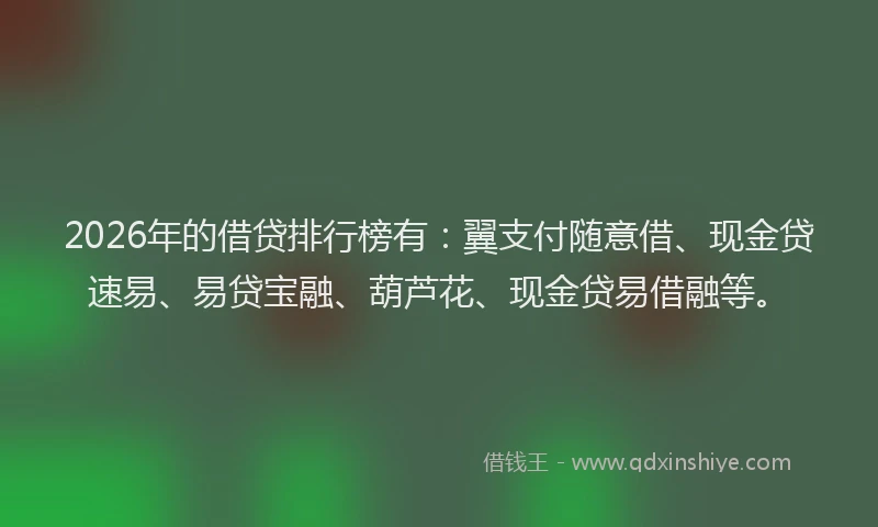 2026年的借贷排行榜有:翼支付随意借、现金贷速易、易贷宝融、葫芦花、现金贷易借融等。