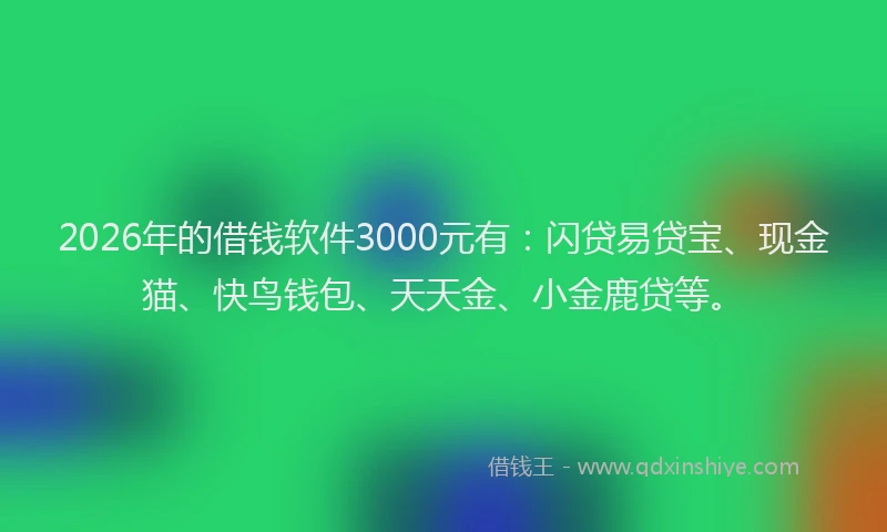 2026年的借钱软件3000元有：闪贷易贷宝、现金猫、快鸟钱包、天天金、小金鹿贷等。