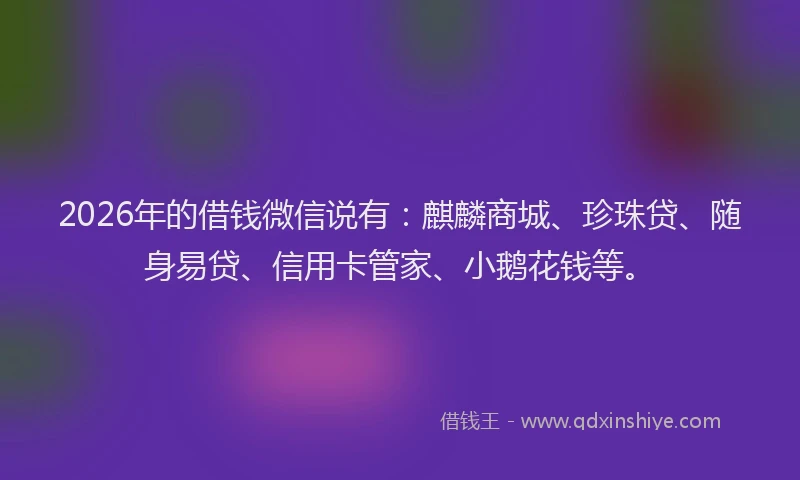 2026年的借钱微信说有：麒麟商城、珍珠贷、随身易贷、信用卡管家、小鹅花钱等。