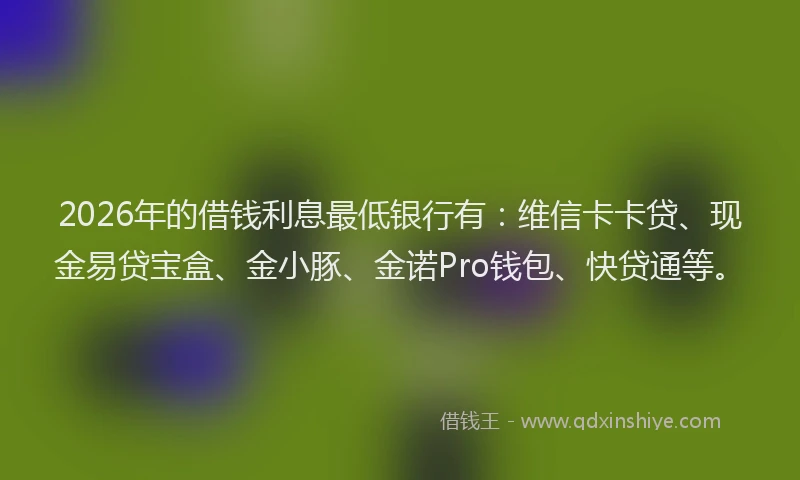 2026年的借钱利息最低银行有:维信卡卡贷、现金易贷宝盒、金小豚、金诺Pro钱包、快贷通等。