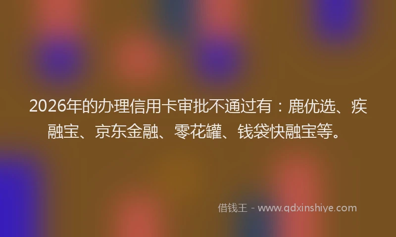 2026年的办理信用卡审批不通过有：鹿优选、疾融宝、京东金融、零花罐、钱袋快融宝等。