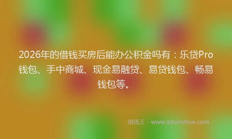 2026年的借钱买房后能办公积金吗有:乐贷Pro钱包、手中商城、现金易融贷、易贷钱包、畅易钱包等。