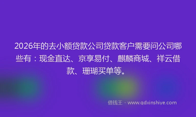 2026年的去小额贷款公司贷款客户需要问公司哪些有：现金直达、京享易付、麒麟商城、祥云借款、珊瑚买单等。