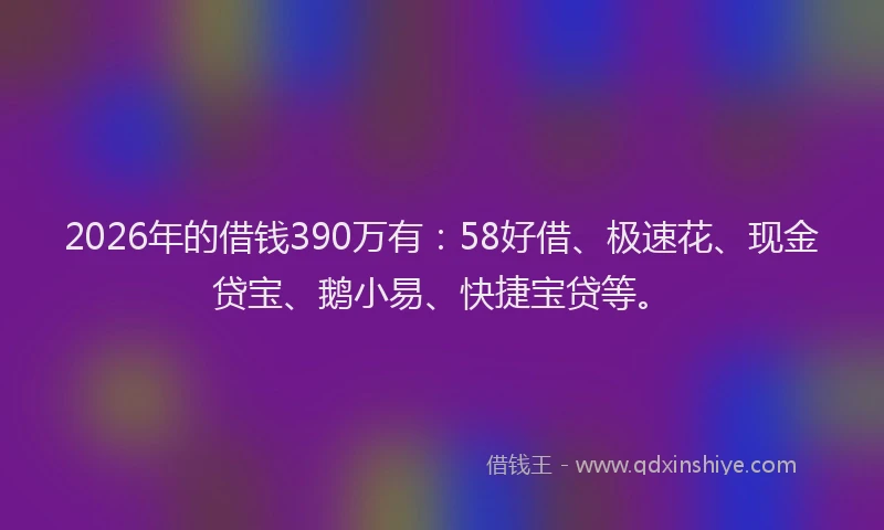 2026年的借钱390万有:58好借、极速花、现金贷宝、鹅小易、快捷宝贷等。