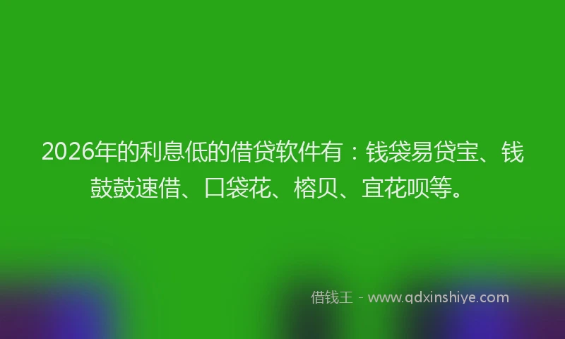 2026年的利息低的借贷软件有:钱袋易贷宝、钱鼓鼓速借、口袋花、榕贝、宜花呗等。