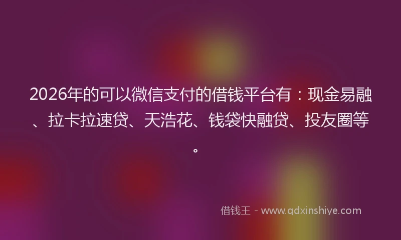 2026年的可以微信支付的借钱平台有：现金易融、拉卡拉速贷、天浩花、钱袋快融贷、投友圈等。