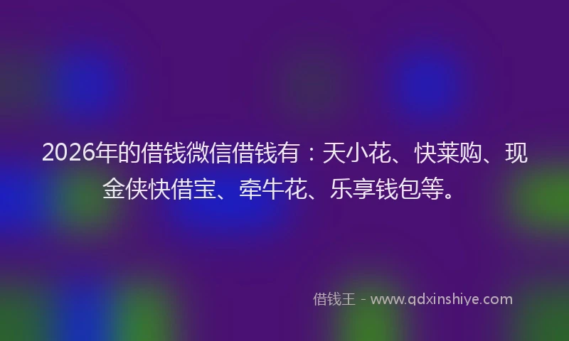 2026年的借钱微信借钱有：天小花、快莱购、现金侠快借宝、牵牛花、乐享钱包等。