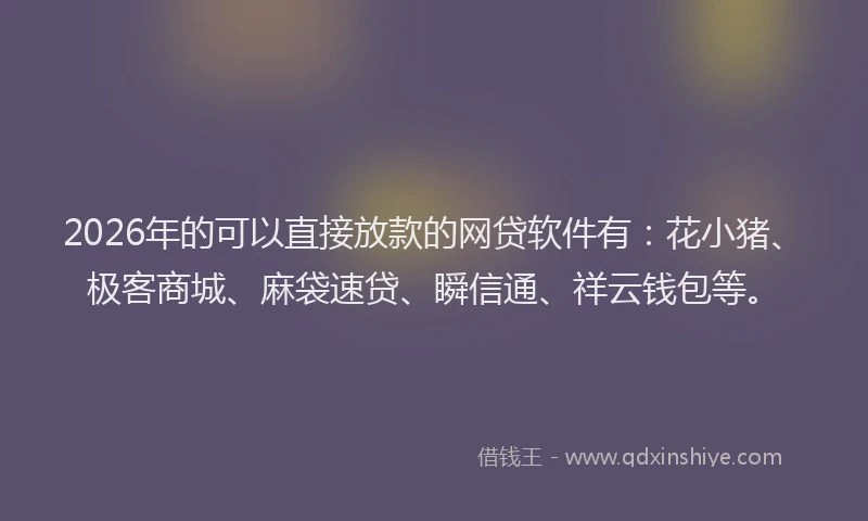 2026年的可以直接放款的网贷软件有：花小猪、极客商城、麻袋速贷、瞬信通、祥云钱包等。
