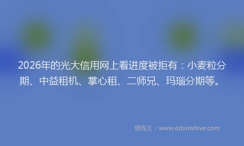 2026年的光大信用网上看进度被拒有：小麦粒分期、中益租机、掌心租、二师兄、玛瑙分期等。