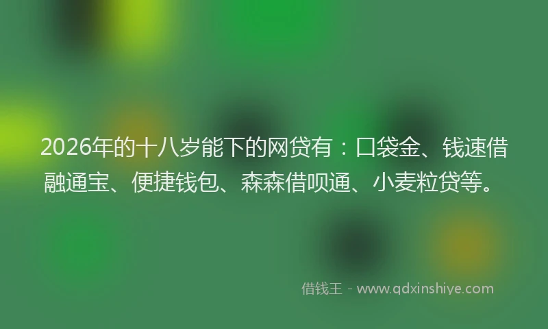 2026年的十八岁能下的网贷有:口袋金、钱速借融通宝、便捷钱包、森森借呗通、小麦粒贷等。