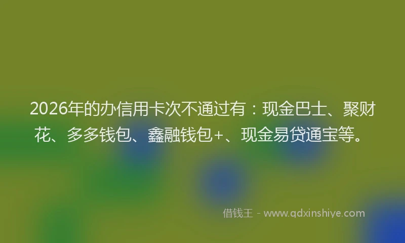 2026年的办信用卡次不通过有：现金巴士、聚财花、多多钱包、鑫融钱包+、现金易贷通宝等。