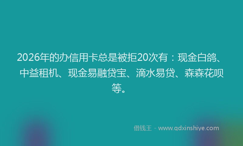 2026年的办信用卡总是被拒20次有：现金白鸽、中益租机、现金易融贷宝、滴水易贷、森森花呗等。