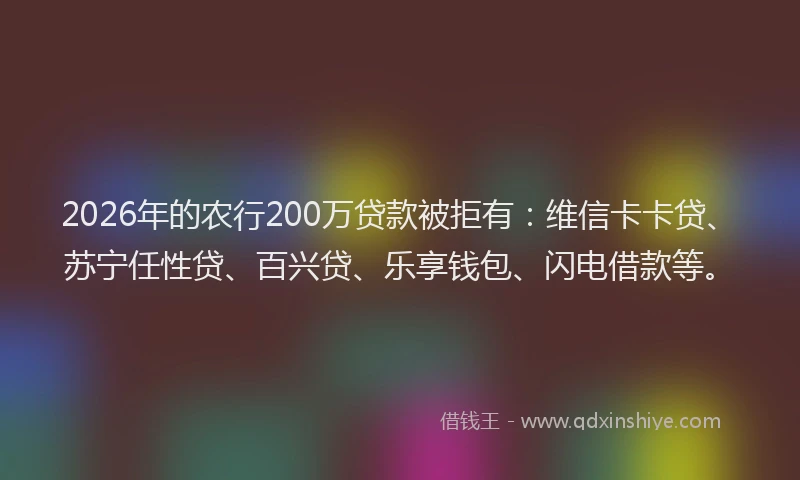 2026年的农行200万贷款被拒有：维信卡卡贷、苏宁任性贷、百兴贷、乐享钱包、闪电借款等。